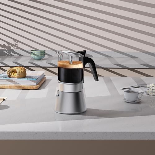 SIXAQUAE Moka Induction Stovetop Espresso Maker,Crystal Glass-top & Stainless Steel Espresso Moka Pot,Classic Italian coffee maker,240ml(6cup) - size: 240 ml - Standard