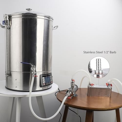 Wort Chiller 30 Plates, 1/2 Barb Fitting Connection, Brazed Plate Copper Heat Exchanger for Homebrew, Stainless Steel 7.5" x 2.9" Plate, Hot Liquid Accelerated Cooler Quick Beer Cooling System