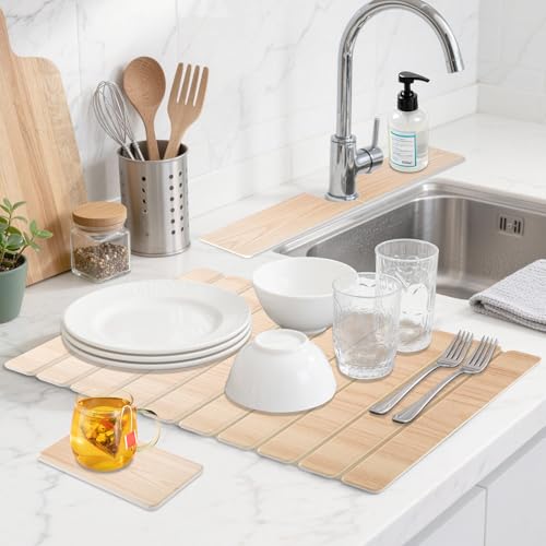 Diatomaceous Stone Drying Mat for Kitchen Counter with Sink Faucet Mat, Wooden Parrten Design Absorbent Quick Dry Dish Drying Mat Set, Diatomite Stone Slat Countertop Pad for Dishes, Cups - color: Wood
