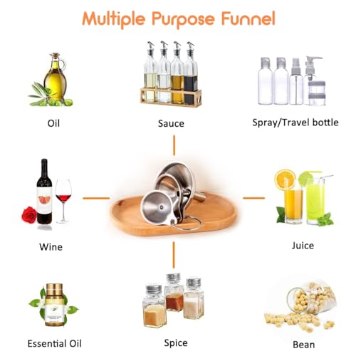 Small Funnels for Filling Bottles, 3 Pcs Stainless Steel Kitchen Funnel Set, Food Grade Mini Metal Funnel for Transferring Oil Liquid, Easy Cleaning with a Brush (Short Handle) - size: short handle