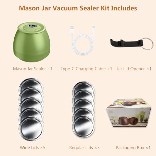 FUTUREZEN Electric Mason Jar Vacuum Sealer for Regular & Wide Mouth Canning Jars, Automatic Sealing Machine Kit for Food Storage & Fermentation, Mouth Mason Jar Lids, Bottle Opener, USB-C Cable, Green - color: Green
