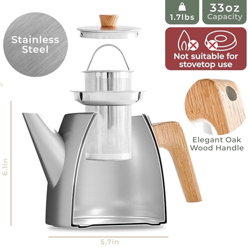 WALDWERK Tea Pot with Infuser - Double Wall Stainless Steel Teapot - Tea Pot with Infuser for Loose Tea - Made from 304 Stainless Steel and Oak Wood - Isolated Teapot with Strainer - 100% Drip Free