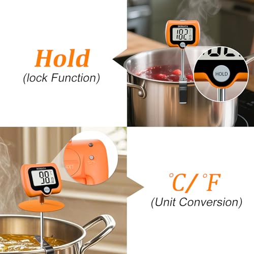 BOMATA Digital Candy Thermometer with Pot Clip, Deep Fry Oil Thermometer with Rotatable Display & Long Probe, for Candy Candle Making, Cooking, Food, Liquids, Water, Sugar.. Orange - color: Orange