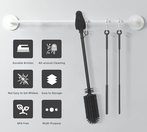 Silicone Bottle Brush and Straw Cleaner Set,Water Bottle Brush Double-Headed,Straw Brush Silicone,Bottle Cleaner Brush for Thermoses and Sports/Water Bottles/Dish/Cup (Black-Grey)