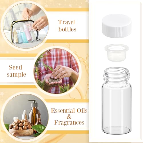 Lallisa 100 Pcs 20 ml Glass Vials with White Screw Caps and Plastic Stoppers, 5 Dram Clear Small Leakproof Bottles Bulk, Mini Liquid Sample Vials for Essential Oils, Sample, DIY Craft - color: Clear with White Cap, size: 20 ml