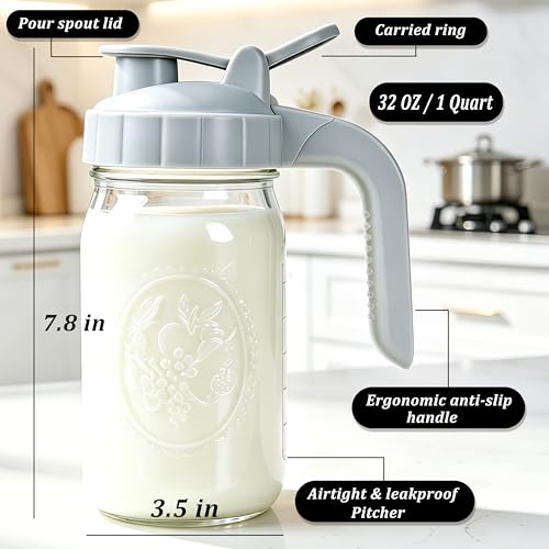 Glass Pitcher With Lid 32 OZ 2 Pack Mason Jar Breast Milk Storage with Pour Spout Airtight & Leakproof 1 Quart Wide Mouth Water Jug With Flip Cap For Cold Brew Coffee Iced Tea Sun Tea Lemonade Juice