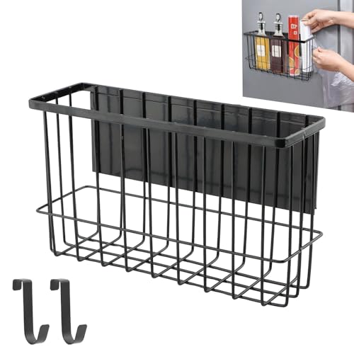 Magnetic Basket Organizers, Dryer Ball Holder Laundry Room Organization Whiteboard Metal Wire Basket with Hooks, Space-Saving Fridge Spice Rack for Sponge Recipe Wrap