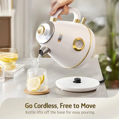 Hazel Quinn Retro Electric Kettle - 1.7 Liters / 57.5 Ounces Tea Kettle with Thermometer, All Stainless Steel, 1200 Watts Fast Boiling, BPA-free, Cordless, Automatic Shut Off - Pearl White - color: Pearl White