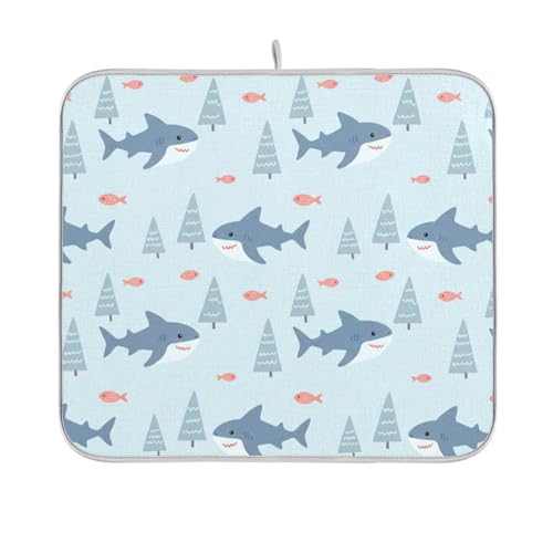 Sharks Fish Tree Blue Dish Drying Mat for Kitchen Counter Super Absorbent Draining Mat with Non-slip Backed Dishwashing Mat for Dish Bottles Cups Bowl Draining Racks Countertops Sinks