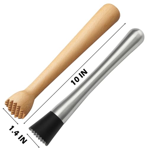 2Pcs Muddler for Cocktails 10 Inch - Stainless Steel and Wooden Drink Muddlers for Mojitos Mint & Fruit Based Drinks - Bartender Tool for Bars and Home - color: 2pack-a