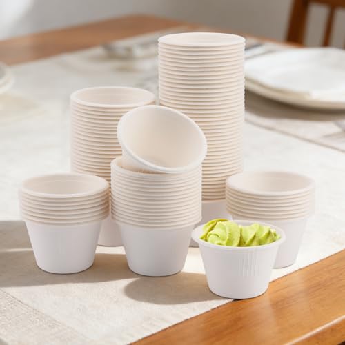 LeonBach 150 Pack 4oz Natural Bagasse Fiber Sauce Cups, Compostable Small Disposable Paper Dipping Bowls Biodegradable Condiment Portion Sample Snack Charcuterie Serving Tasting Cups, White - color: White, style: 4oz-150 Pack