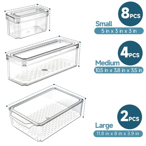 14 Pack Fridge Organizers and Storage - Refrigerator Organizer Bins with Lids, BPA-Free Fridge Organization, Fruit Storage Containers for Fridge, Vegetable, Food, Drinks, Cereals, Clear