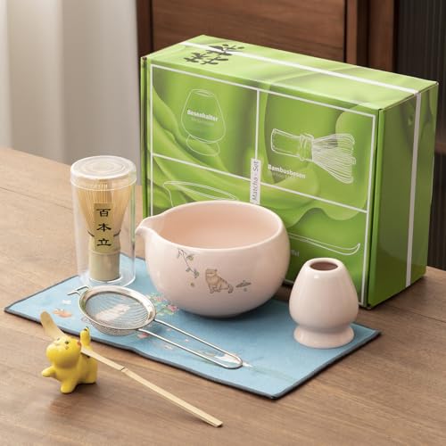 Matcha whisk 7-piece set,Pink Matcha Set, matcha bowl with nozzle, matcha whisk stand, spoon, stainless steel sieve, cloth mat, spoon stand, is a home kitchen decoration gift (pink)