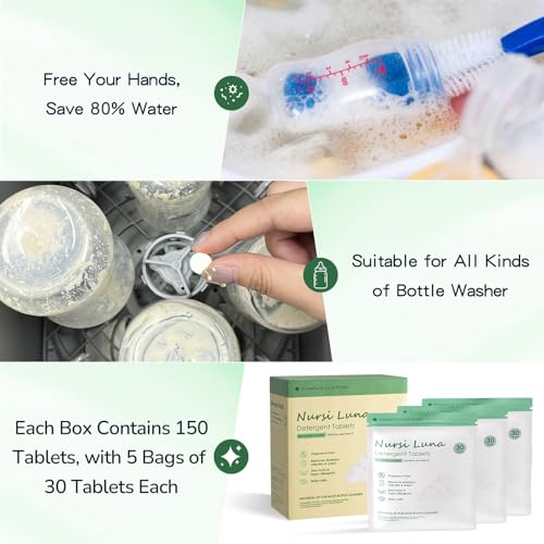 Nursi Luna Detergent Tablets for All Brands Baby Bottle Washers, 150 Count Gentle Formula Baby Bottle Washer Tablets, Fast-Dissolving, Efficiency Removes Milk Residue & Odor
