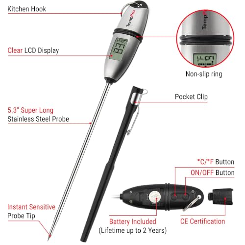 TempPro TempSwift 1 Sec Digital Food Thermometer for Kitchen Cooking | Meat Thermometer Digital, 5.3 inches Super Long Probe, Bread Baking Sourdough Liquids Candy Making Accessories Gift - size: Digital