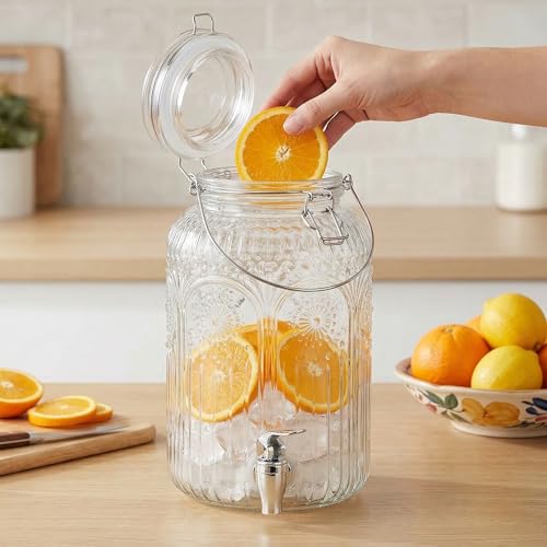 Kingrol 1 Gallon Glass Drink Dispenser with Lid and Spigot - Wide Mouth, Leak Proof Juice Pitcher- Vintage Beverage Dispenser for Party, Wedding, Picnic