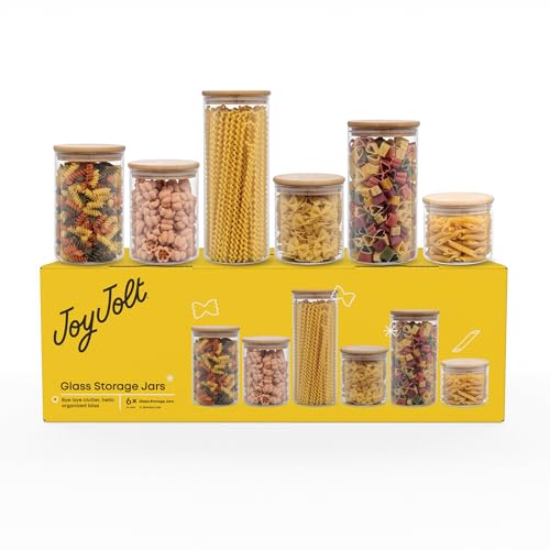 JoyJolt Borosilicate Glass Jars With Bamboo Lids. 6 Pc Set of Air Tight Sealable Containers. Food Jar Canisters with Airtight Lid for Pantry Storage and Kitchen Organization. - style: Bamboo Covers