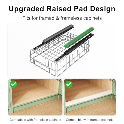 Pull out Cabinet Organizer, Stainless Steel 2-Pack (9.8"W x 16.5"D) Full-Extension Slide out Drawer, Adhesive Roll out Can Spice Storage Basket Shelf Rack for Pantry, Kitchen, Bathroom, Home Closet - size: (9.8"W x 16.5"D x 4.7"H)