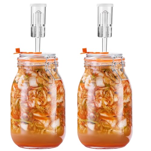 JILLMO Fermentation Jar, 1.8 Liters Glass Fermenting Kit for Making Sauerkraut, Kimchi, Pickles and More, Pack of 2