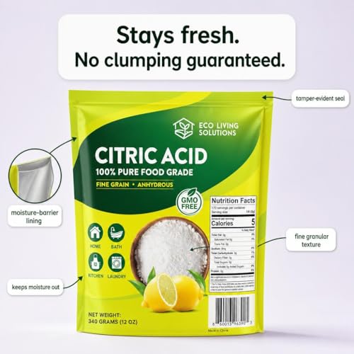 Eco Living Solutions 100% Citric Acid Powder - Food Grade | Citric Acid For Cleaning & Bath Bombs | Great For Cooking & Canning | Fragrance Free | Dishwasher Safe (12 oz)