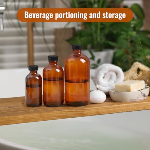 STARSIDE 12-Pack 8oz Amber Glass Bottles with Leakproof Lids | 240ml Round Boston Bottles for Essential Oils, Hot Sauce, Juice, Liquids; Includes 2 Funnels & 12 Labels - size: M