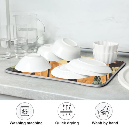 African Tree Figure Dish Drying Mat for Kitchen Counter Super Absorbent Draining Mat with Non-slip Backed Dish Rack Pad for Countertops Sinks Draining Racks Dish Bottles Cups Bowl