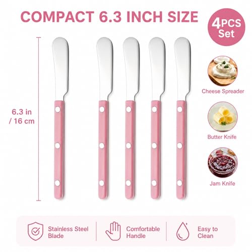 4PCS Stainless Steel Butter Knives Set: 6.3 Inch Cheese Spreader 304 Stainless Steel with Ergonomic Handle for Cheese, Butter & Jam (pink) - color: pink