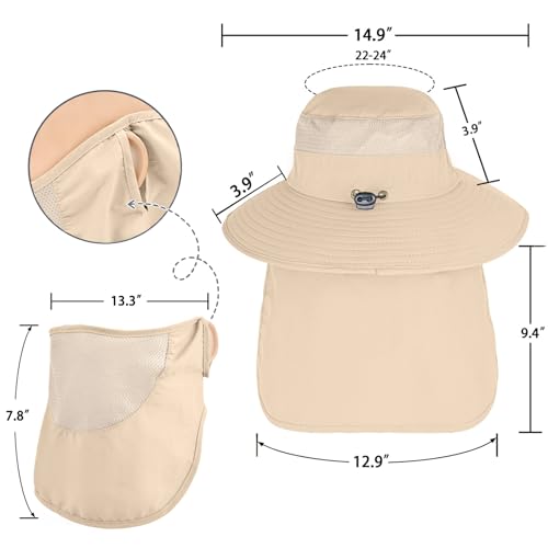 Sun Hats for Men Women Fishing Hat UPF 50+ Breathable Wide Brim Bucket Hats Summer UV Protection Safari Hat with Neck Flap - color: Beige (With Face Cover)