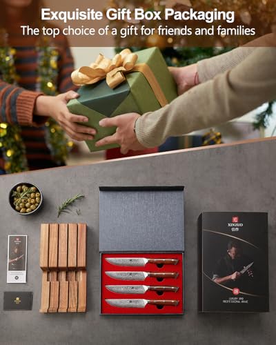XINZUO 5Pcs Steak Knives Set, Non Serrated Dinner Knives with Drawer Knife Holder,67-layer Damascus Steel Kitchen Knife with Rose Wood Handle, Acacia Wood Knife Block - size: 4.9"