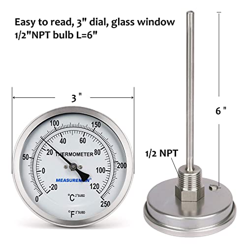 MEASUREMAN Fully Stainless Steel Pot, Kettle, Brewing Bimetal Dial Thermometer, 3" Dial, 6" Stem, 0-250 deg F/-20-120 deg C, -1% Accuracy, Adjustable, 1/2" NPT Back Mount - size: 0-250 deg F/-20-120 deg C, style: 6" Stem