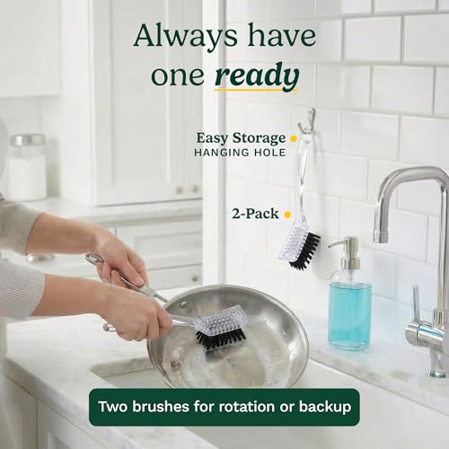 Cuisinart Dish Brush with Handle, 2 Pack, Firm Bristles | Multi-purpose dish scrubber for plates, pots, and pans, deep cleaning removes grease, safe for nonstick, built-in scraper - color: Rectangular- Black