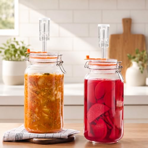 Fermentation Jars, 2L Fermenting Kit With Glass Weights, 2-Pack | Wide-Mouth 2L Glass Jar With Self-Venting Airlock, Ideal For Sauerkraut, Kimchi, Pickles And Other Homemade Ferments - size: 2 Liter