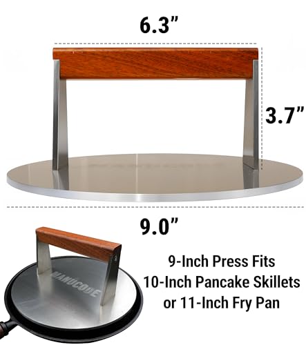 Smash Burger Press, 3.8-Lb Burger Smasher, 9-Inch Bacon Press for Batch Cooking, Stainless Steel, Easy to Clean and Seasoning Free, Heatable for Searing Panini, Steak, Chicken, Fish, Round - size: 9"