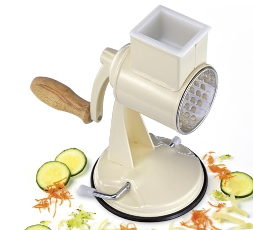 Zassenhaus Classic Drum Grater, Manual Kitchen Grater, Painted Metal, Beech Wood, Stainless Steel, Suction Base, 2 Grating Drums and Pestle, Can be Used as Vegetable Cutter, Cheese Grater and Slicer - color: Cream