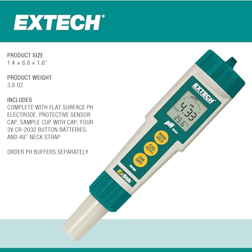 Extech PH100 Waterproof ExStik II pH Meter Kit with Flat Surface Electrode and Temperature Display | pH 0.00-14.00, waterproof, ATC, flat-surface electrode, temperature display, auto power off, sample cup - style: pH