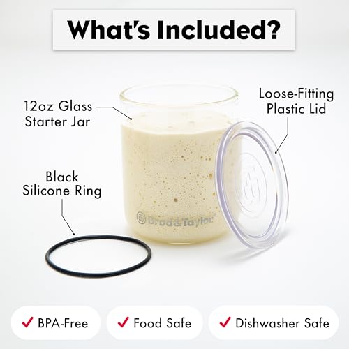 Brod & Taylor Small Sourdough Starter Jar (12oz) Less Discard Waste, 100% Dishwasher Safe, Measurement Markings, and Height Marker (Durable Glass Jar, BPA-Free) - size: 12 Ounce