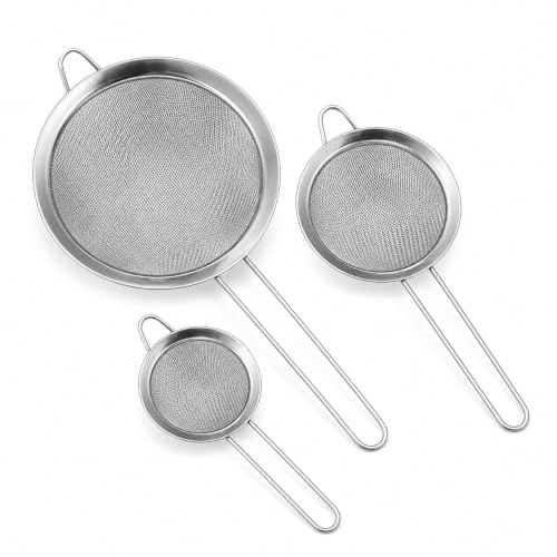 3 Pcs Stainless Steel Fine Mesh Strainer Set, Kitchen Colander with Long Handle, 3 Sizes (3.1/4.7/6.3 Inch) Food Sieve for Flour, Tea, Coffee, Juice and Cooking