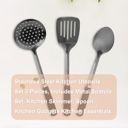 Black 3 Piece Stainless Steel Cooking Utensils Set, Metal Slotted Spoon, Slotted Turner Spatula and Skimmer Set for Frying, Serving, Dishwasher Safe - color: Z-Black Cooking Utensils