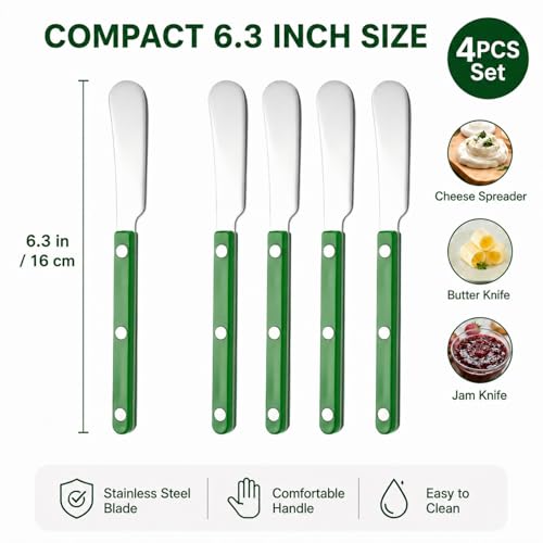4PCS Stainless Steel Butter Knives Set: 6.3 Inch Cheese Spreader 304 Stainless Steel with Ergonomic Handle for Cheese, Butter & Jam (green) - color: green