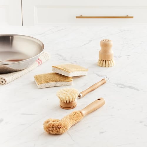 Tieralia Bamboo Dish Brush Gift Set โ 5-Piece Kitchen Cleaning Set with Bottle Brush, Round Scrub Brush, Palm Brush & 2 Plant-Based Sponges | Wooden Handle Cleaning Tools for Dishes & Surfaces