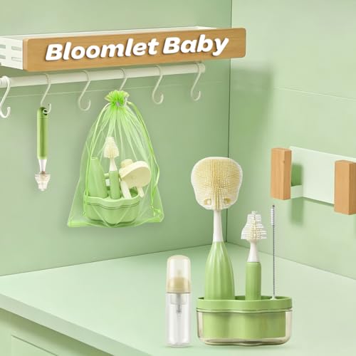 Baby Bottle Brush Set, Silicone Bottle Brush Cleaner with Nipple & Straw Brushes, Push-Press Bubble and Drying Rack for Bottle Cleaning,BPA-Free,Bottle Washer Brush for Breast Pump (Green) - color: Green