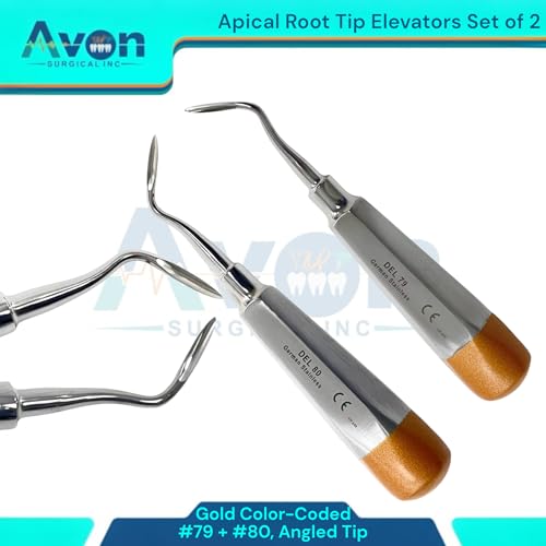 No. 79 & No. 80 Apical Root Tip Pick Elevator, Angled Tip, Hollow Gold Color Handle | Autoclave Safe German Stainless Steel Instruments (Set of 2)
