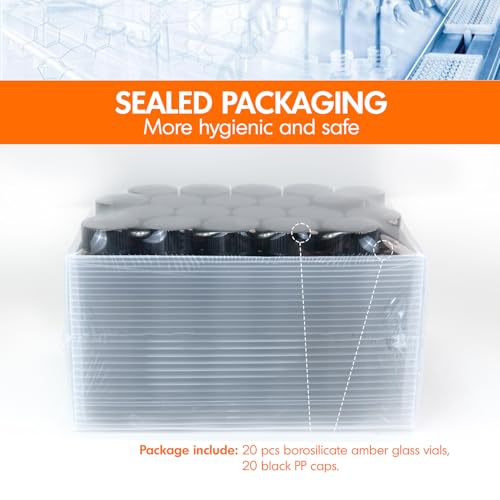 PEKYBIO 20PCS 30ML Amber Small Liquid Sample Glass Vials with Screw Caps, 27.5mmx 84mm Leak-Proof Vial, 24-400 Black Screw Cap with PE Liners for Lab, Essential Oil, Perfume, Reagents - size: 27.5*84mm 30ml Vial