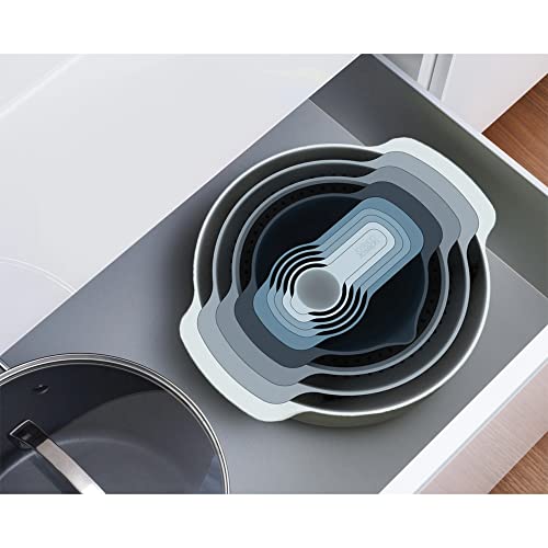 Joseph Joseph Nest 9 Piece Compact Food Preparation Set with Mixing Bowls, Measuring cups, Sieve and Colander, Space Saving, Blue - color: Blue, style: Plastic