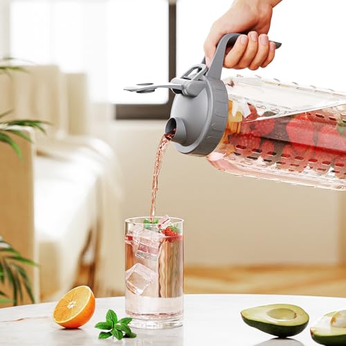 JunVpic Glass Mason Jar Pitcher, 64oz (2 Quart) Wide Mouth Jug with Dual Leak-Proof Pour Spout, Handle Lid for Fruit Drinks, Cold Brew Coffee, Ice Beverage, Iced Juice, Lemonade, Sun Tea Container - color: Light Gray, size: 64 Ounces