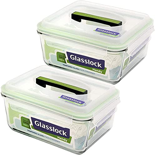 Glasslock Airtight Anti Spill Rectangular Handy Food Container set of 2 Tempered Glass 2500ml/10.5cup RP602 Microwave Safe - size: 10.5-Cup/Set of 2
