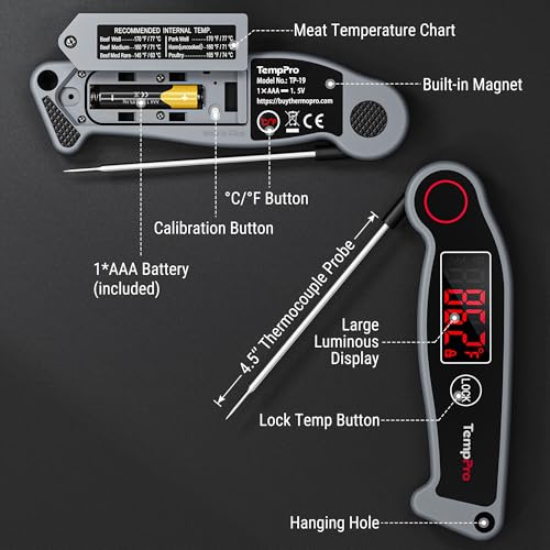 TempPro TP19 Waterproof Digital Meat Thermometer for Grilling with Ambidextrous Backlit & Thermocouple Instant Read Kitchen Cooking Food Thermometer for Candy Water Grill Smoker (Previously ThermoPro) - color: Grey