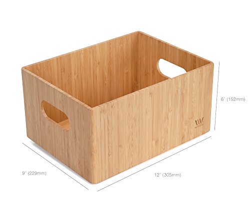 MobileVision Bamboo Storage Box Multi-Purpose Organizer for Kitchen Supplies Holder, Fruit Bin, Cabinets, Pantry with built in handles, stackable, 12” x 9” x 6” With White Clip Included - size: Single: 12" x 9" x 6"