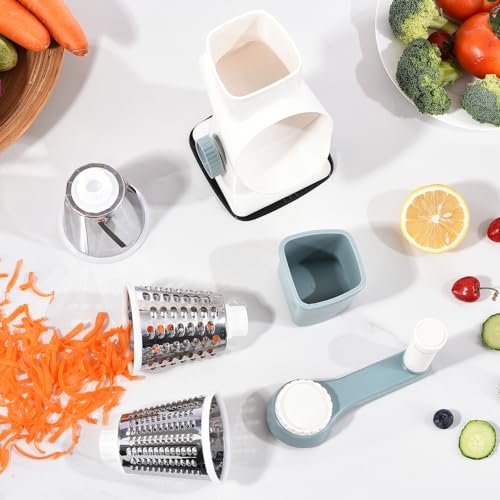 Rotary Cheese Grater with Handle Kitchen Shredder Slicer Grater Slicer Ice Shaver Cheese Vegetable Nuts Potato Zucchini Chocolate 3 Interchangeable Blades (WhiteBlue) - color: WhiteBlue