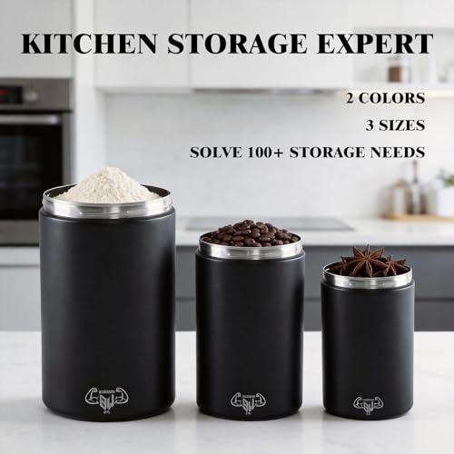 3-Piece Stainless Steel Food Canisters Set (27/47/84oz) | Airtight Metal Kitchen Storage Containers with Screw Lids | Stackable Jars for Coffee, Flour, Sugar & Protein Powder - color: Black
